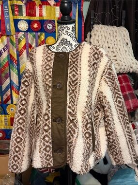 Old Navy Cream and Brown Sherpa Button-Front Jacket